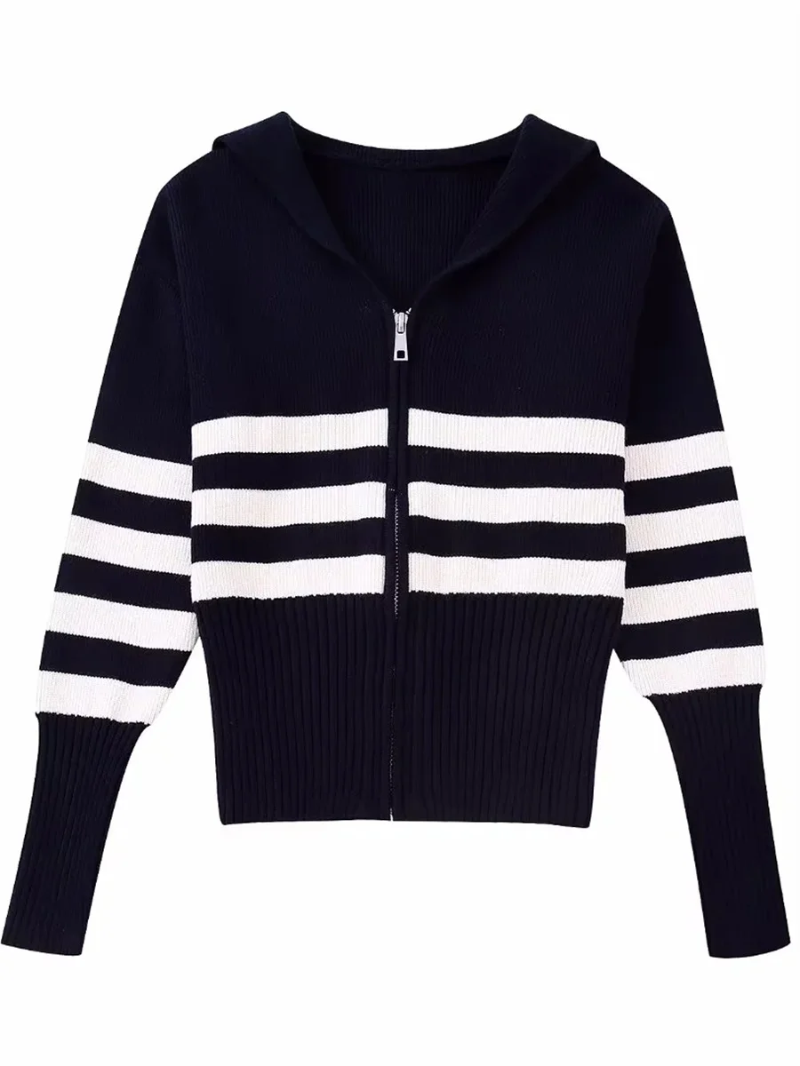 

Women Fashion Striped Knitted Outerwear 2022 New Full Lantern Sleeves Waist Zipper Double-Layer Collar Casual Female Sweater