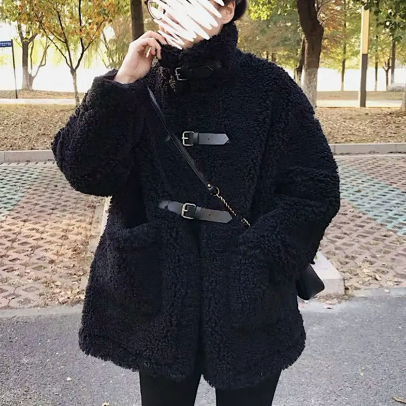 Women Coats Harajuku Lambs Wool Fleece Coat Streetwear Black White Oversized Hoodie Sweet Korean Style Winter Fashion 2023