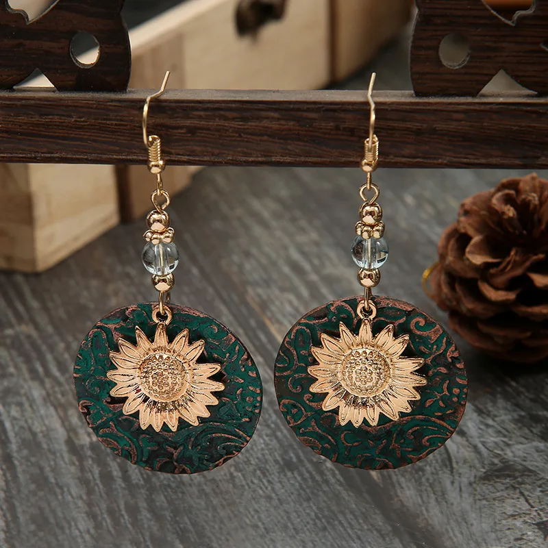 

2023 Vintage Design Sunflower Carving Double Layer Drop Earring For Women Girls Bohemian Crystal Earring Jewelry Daily Wearing