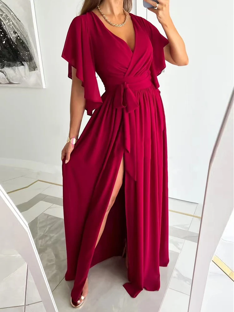 

Summer Sexy Deep V Neck High Slit Party Dress Women Fashion Pleat Tie-up Solid Maxi Dress Elegant Flare Short Sleeve Long Dress