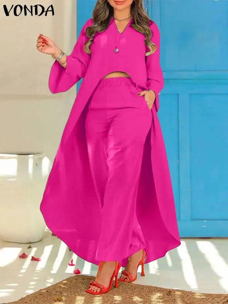 

VONDA Women Elegant Pant Sets 2023 Casual Long Pants Long Flare Sleeve V-neck Front Short Back Long Top Pants Suits Feminina