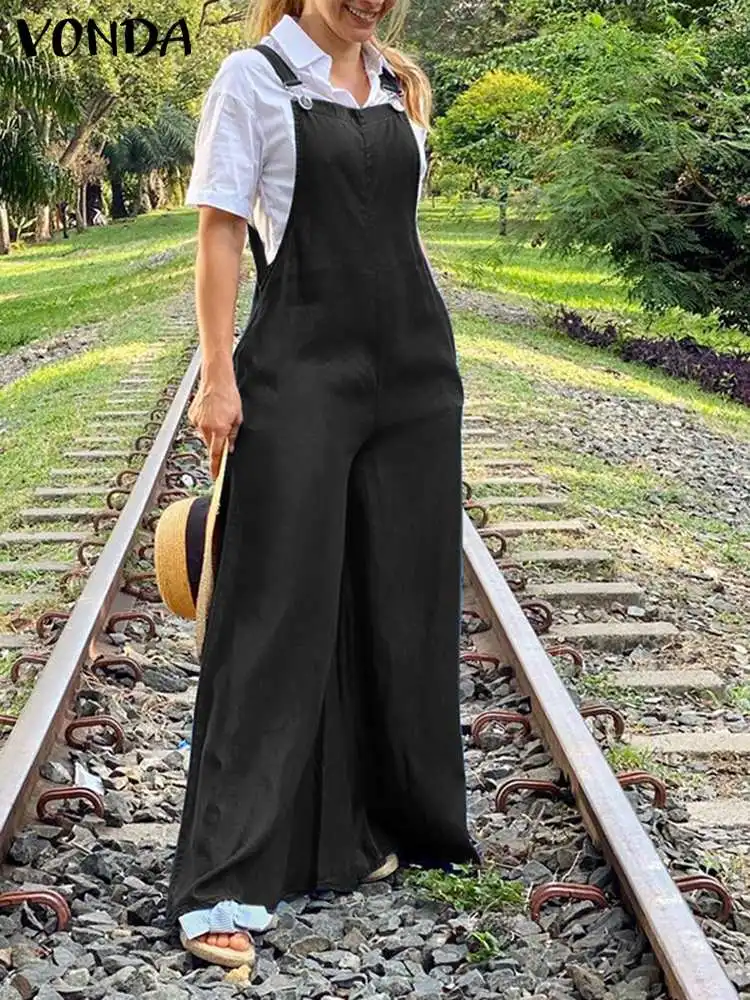 

Комбинезон VONDA женский с широкими штанинами, длинный однотонный свободный Ромпер без рукавов, на пуговицах, брюки в стиле палаццо, на лето