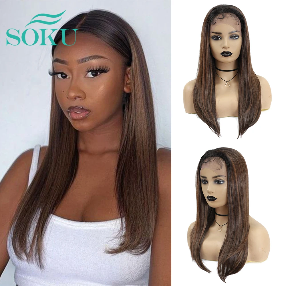 

Ombre Brown Yaki Straight Synthetic Lace Front Wig Middle Part With Baby Hair SOKU High Temperature Lace Wigs For Black Women