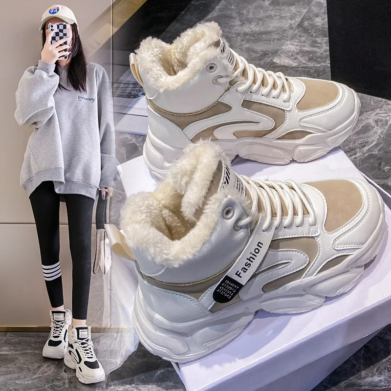 

White Sneakers Women Winter Keep Warm Platform Shoes Flats Skateboard Ladies Martin Snow Moderm Boots Student Non-Slip Run New