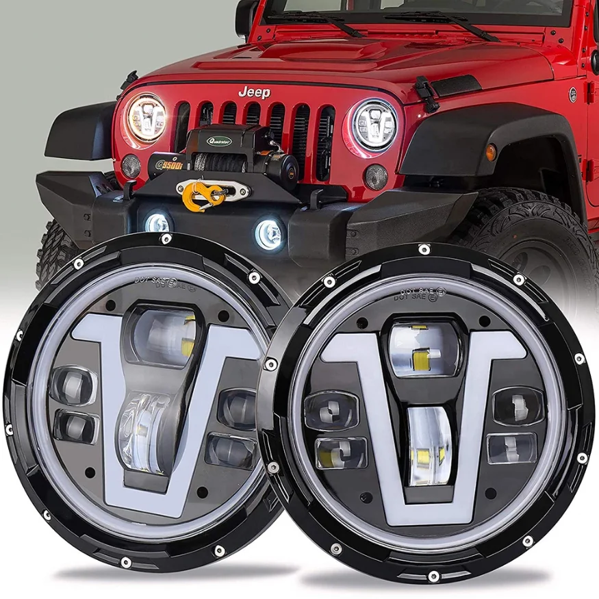 

Автомобильные запчасти и аксессуары OVOVS, Желтый поворотный сигнал, V-образный Белый DRL 50 Вт, 7-дюймовые светодиодные фары для Jeep Wrangler JK TJ LJ