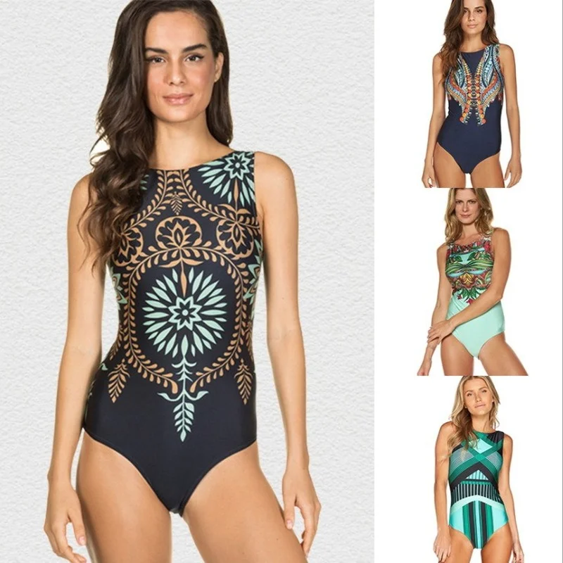 

Sexy Fashion Print Monokini Zipper One Piece Swimsuit Women Crewneck Swimwear Female Vintage Bodysuit Bathing Suit 2022 New X242