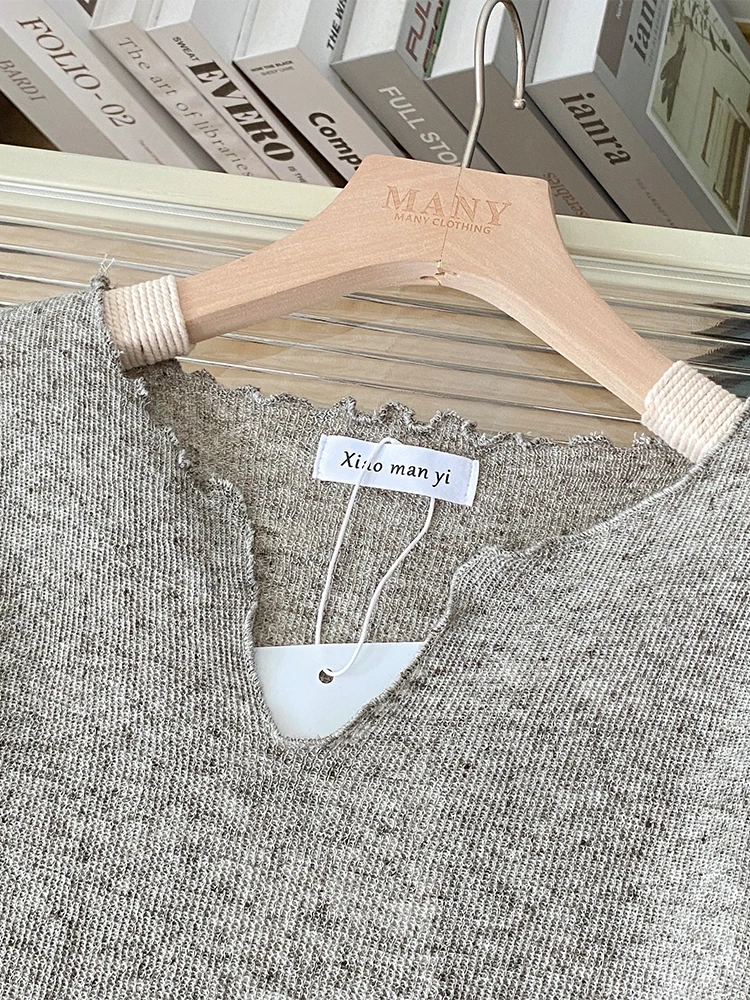 Женский серый пуловер свитер футболка Harajuku корейский кашемировый с длинными