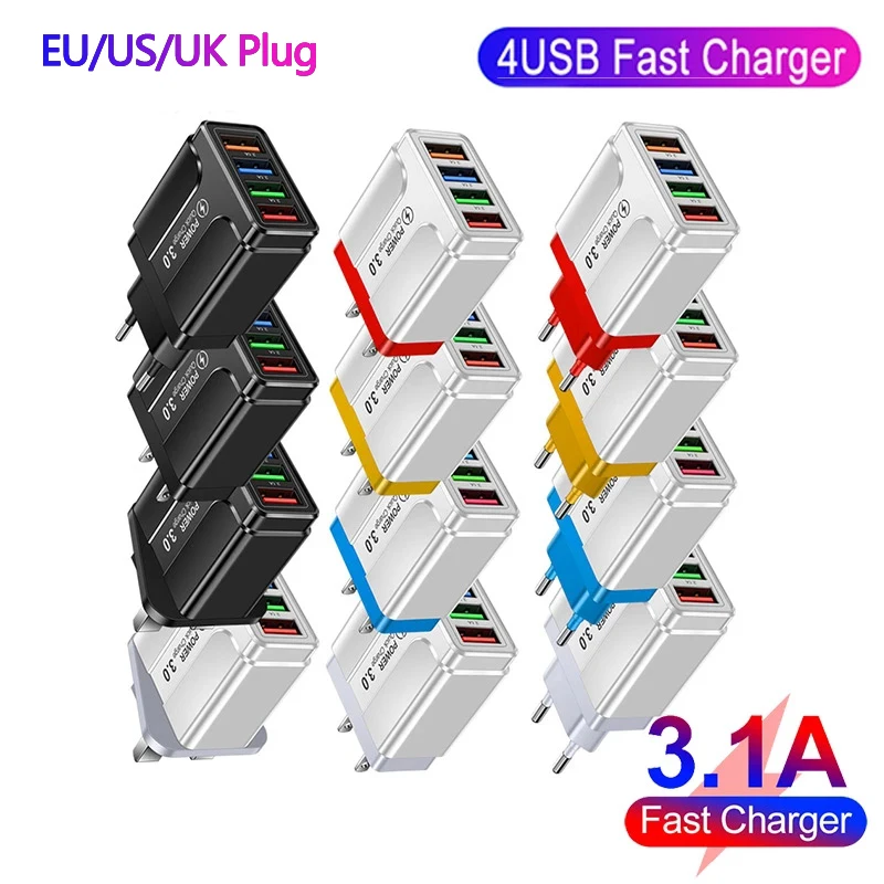 

Быстрое зарядное устройство с 4 USB-портами, быстрая зарядка 3,0 для iPhone 13, зарядное устройство для Samsung S10, S9, вилка Xiaomi Mi, Huawei, адаптер зарядных у...