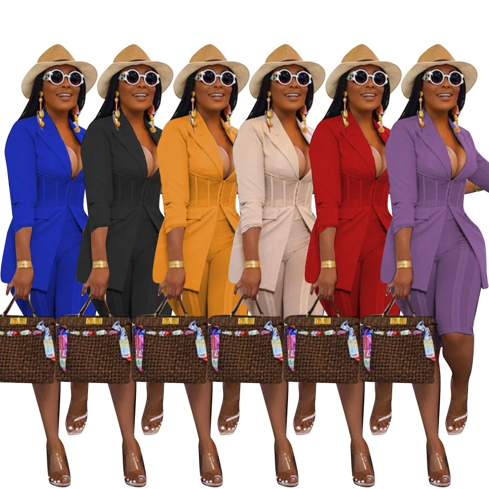 

Adogirl Elegant Office Lady Two Piece Set Tracksuit Women Long Sleeve Plastic Waist Blazer + Bodycon Shorts Suit Matching Sets