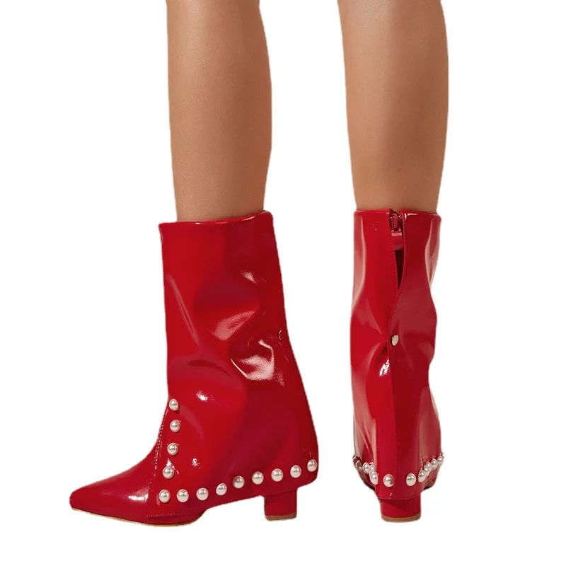 

Women Personality Short Boots PU Patent Leather Red Split Beaded Pointed Toe Thick Heel Fashion Street Elegant Women Shoes KC194