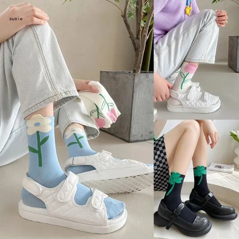 X7YA Women Printed Sport Casual Sock Autumn Spring Breathable Flower-Clover Stock
