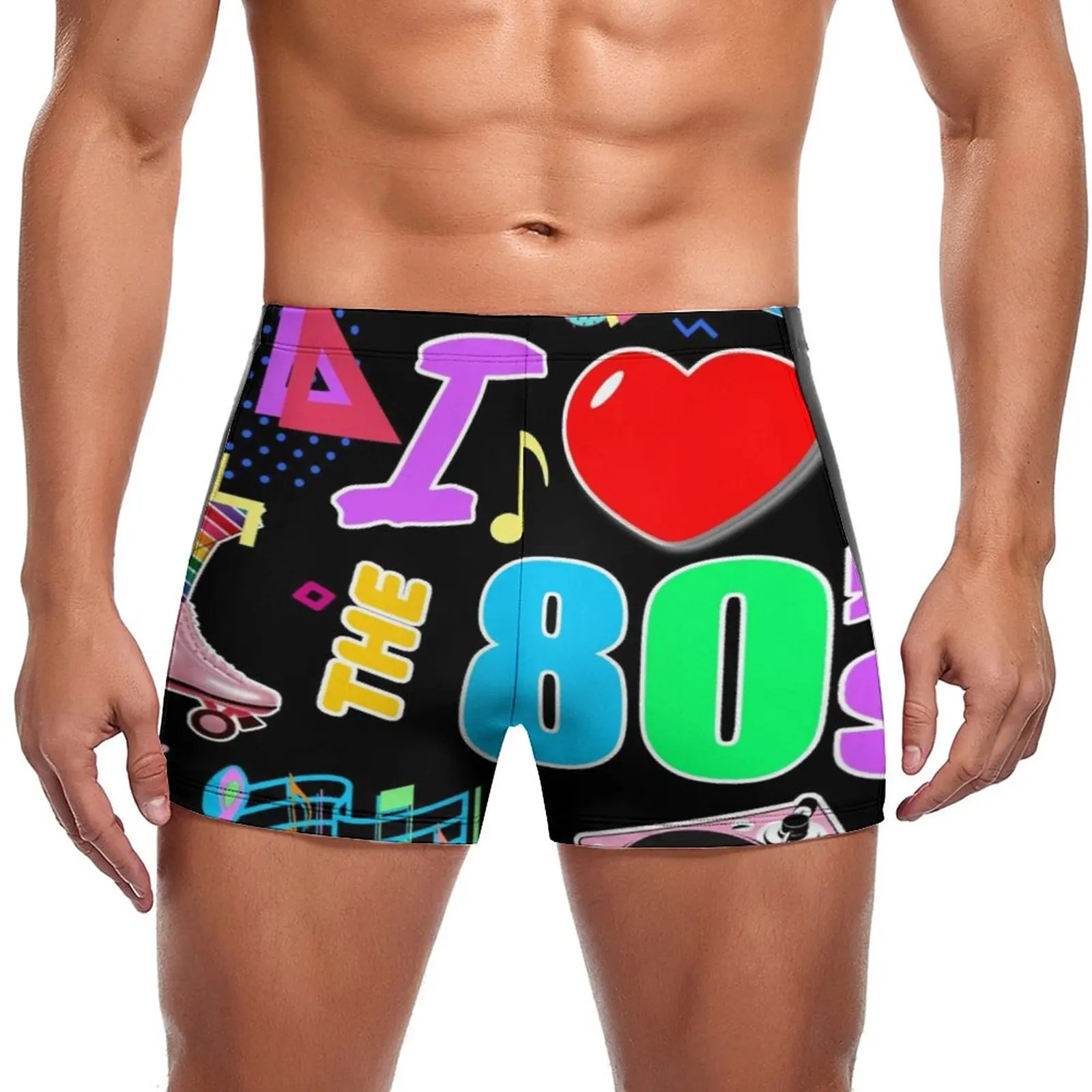 

I Love The 80S Retro Heart Swimming Trunks Cute Graffiti Colorful Pinrt Quick Dry Print Swim Boxers Plus Size Pool Man Swimwear