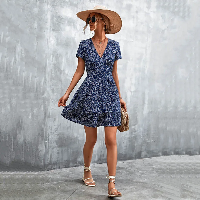 

Summer Short Boho Dress Women V Neck Print Floral Party Dress Ladies Bohemian Flower Mini Dress for Women