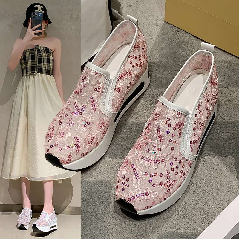 

Женские повседневные туфли на толстой подошве, кружевные сетчатые туфли с блестками, корейский стиль, для весны и лета, 2023