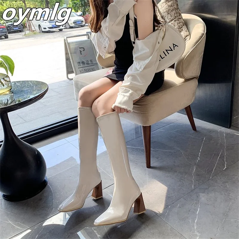 

Long boots women's knee-high 2022new autumn and winter patent leather square-toe high boots rear zipper high-heeled knight boots