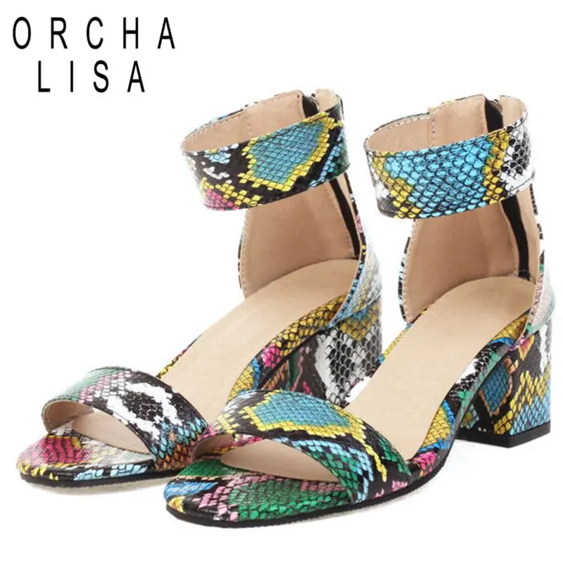 

ORCHA LISA 2022 Fashion Women Sandals Peep Toe Chunky Heels Ankle Strap Zipper Snake Casual Big Size 34-48 Concise Summer S3685
