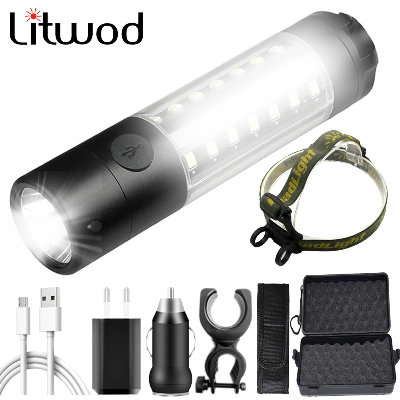 

Led Flashlight Usb Rechargeable 18050 Battery 6 Modes Torch Waterrpoof Aluminum Lantern for Camping XM-L T6 & 28pcs SMD2835
