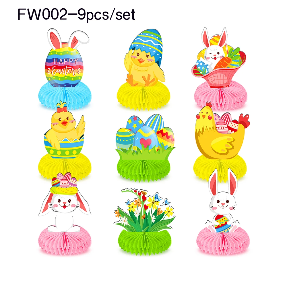 

9pcs Cartoon Rabbit Chicken HAPPY EASTER Day Festival Party DIY Table Honeycomb Crafts Easter Egg Birthday Party Decorations