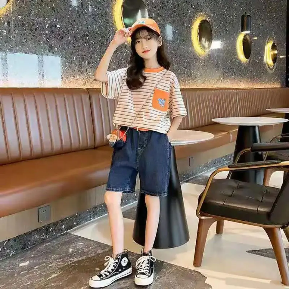 

Two Piece Set Summer Pullover Short Sleeve t-Shirt +Denim Shorts Girls Outfits Casual Baby Girl Clothes Suit Size For 120-170
