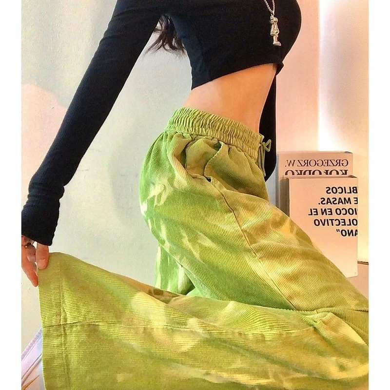 

HOUZHOU Harajuku Y2k Pants Women Corduroy Tie Dye Green High Waits Pants Female Loose Streetwear Trousers Casual Korean Style