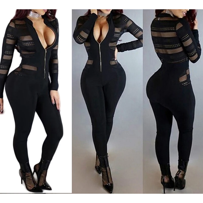 

Black Sexy Bodycon Jumpsuit Romper Long Sleeve Bodysuit Women Zipper V Neck Jumpsuit Elegant Full Length Polyester 2022