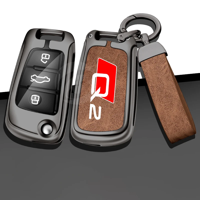 

Flip Zinc Alloy Leather Car Cover Case For Audi Q2 Logo Holder Keless Keychain Key Fob Protector Keyring Accessories