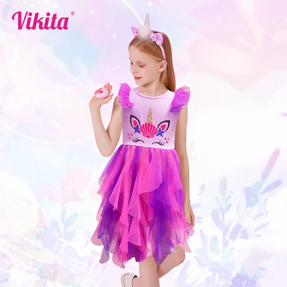 

VIKITA Girls Princess Dresses Ruffle Sleeve Cartoon Print Cake Dress Children Mesh Birthday Party Vestidos Summer Kids Clothing