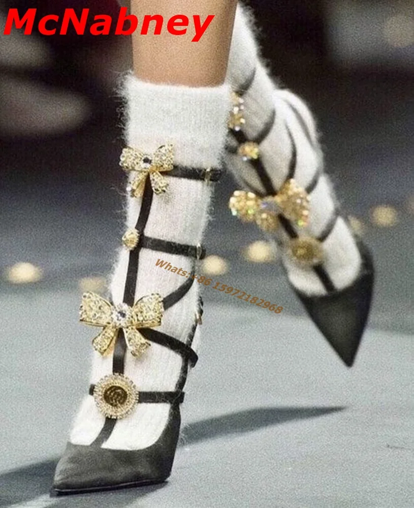 2022 New Style Summer Sandals Crystal Bow Knot Hollow Pointy Toe Women Shoes Thin High Heel Buckle Straps Sandals Party Show