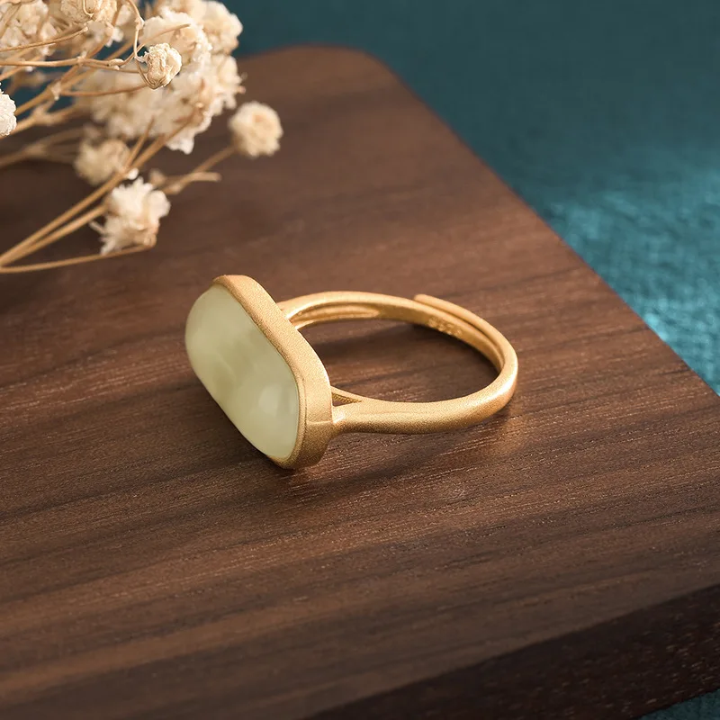 

Green Jade Rings Gifts Charm Carved Charms Adjustable Ring Jewelry Vintage Chinese 925 Silver Women Real Gemstone Gift Natural