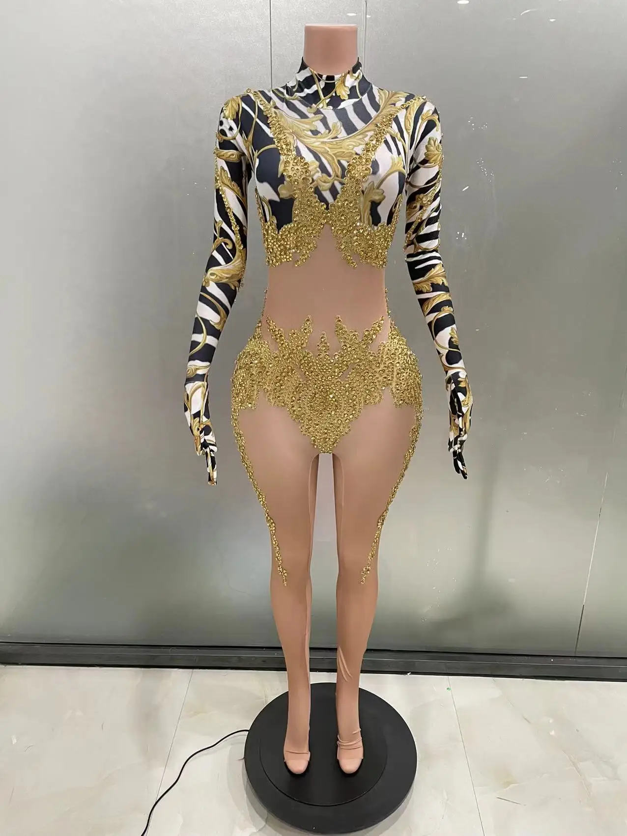 Золотые комбинезоны в полоску с зеброй перчатки для женщин блестящие эластичные