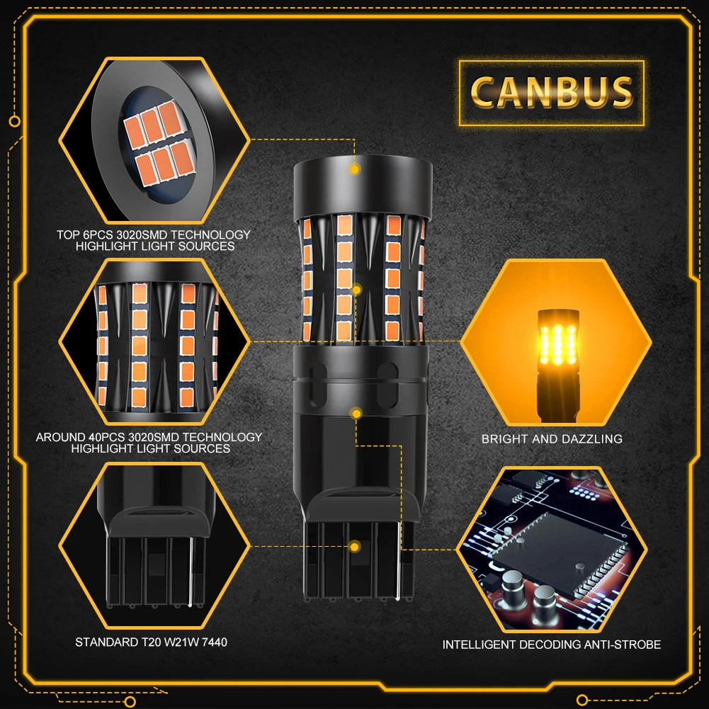 2 шт. 7440 T20 W21W WY21W Янтарная светодиодная лампа Canbus Автомобильный указатель
