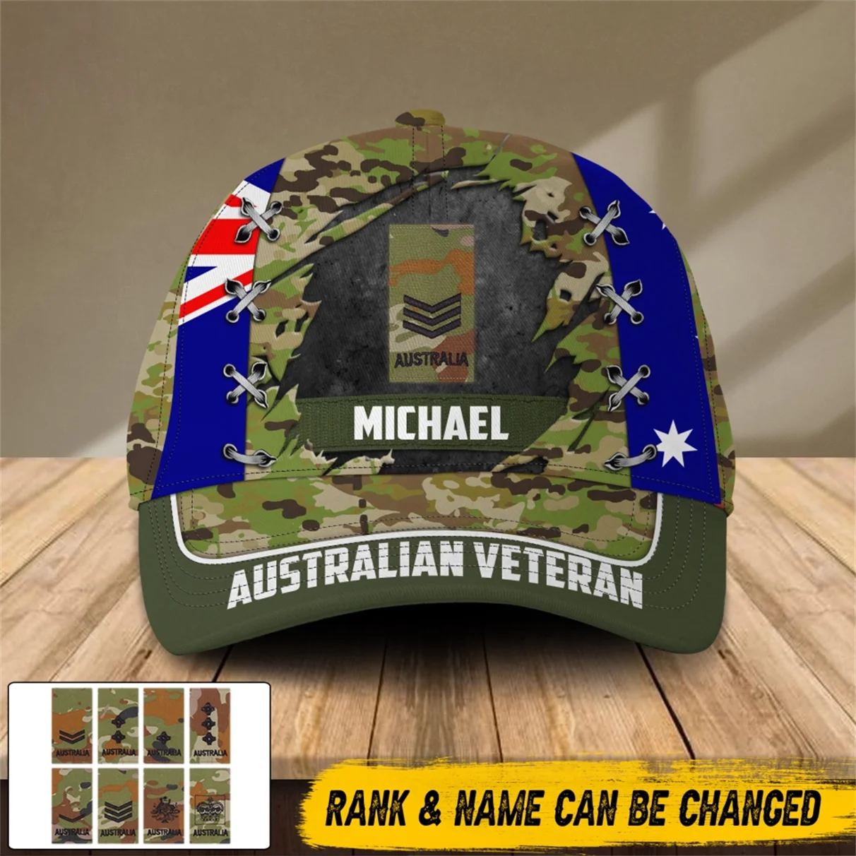 

Australia Australian Custom Rank Name 3D Print Baseball Cap Military Army Camouflage Soilder Men's Outdoor Boonie Hat Fisherman