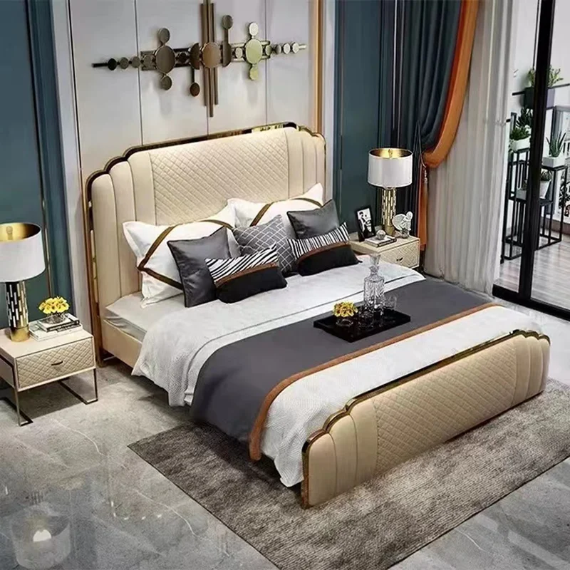 White Leather Solid Wood Beds With Nightstands Custom