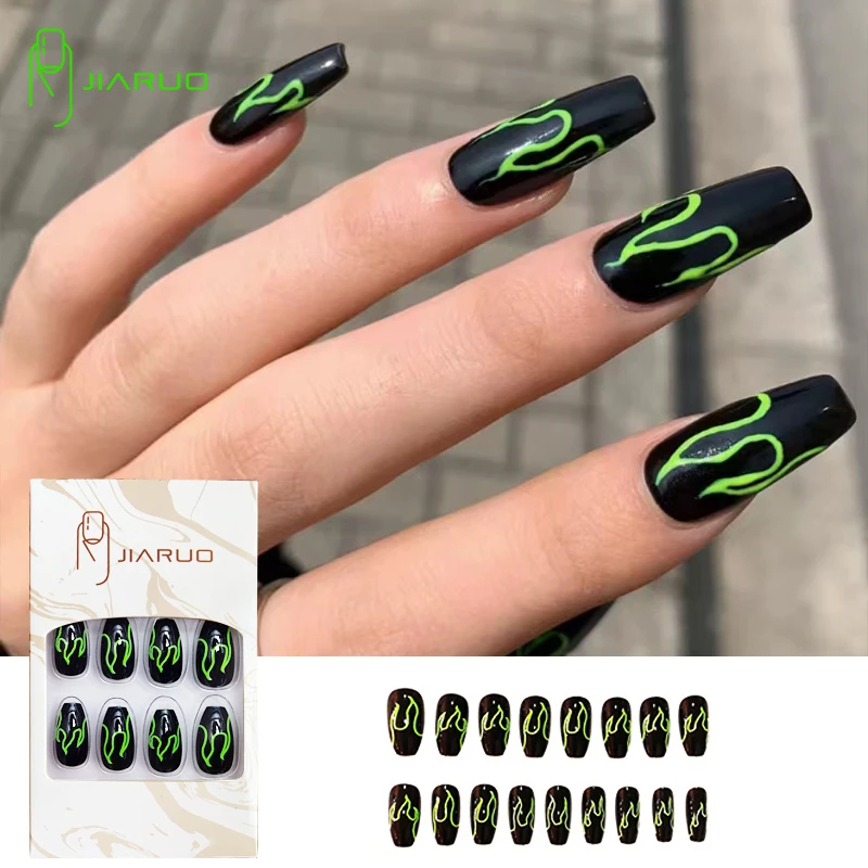 

JIARUO Flame Fake Nails Y2k Press on Nail Supplies for Profess Tips Art Acrylic with Desig Full Cover Long Coffin Glue Gyaru