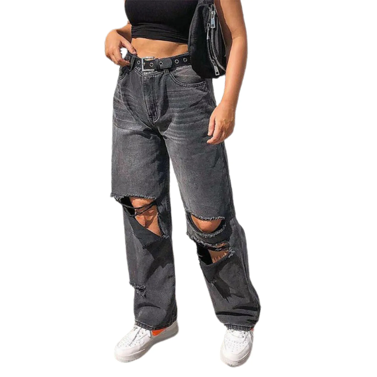 

Autumn Women Fashion Korean Style Wide Leg Jeans Solid Color Irregular Ripped High-waist Denim Pants