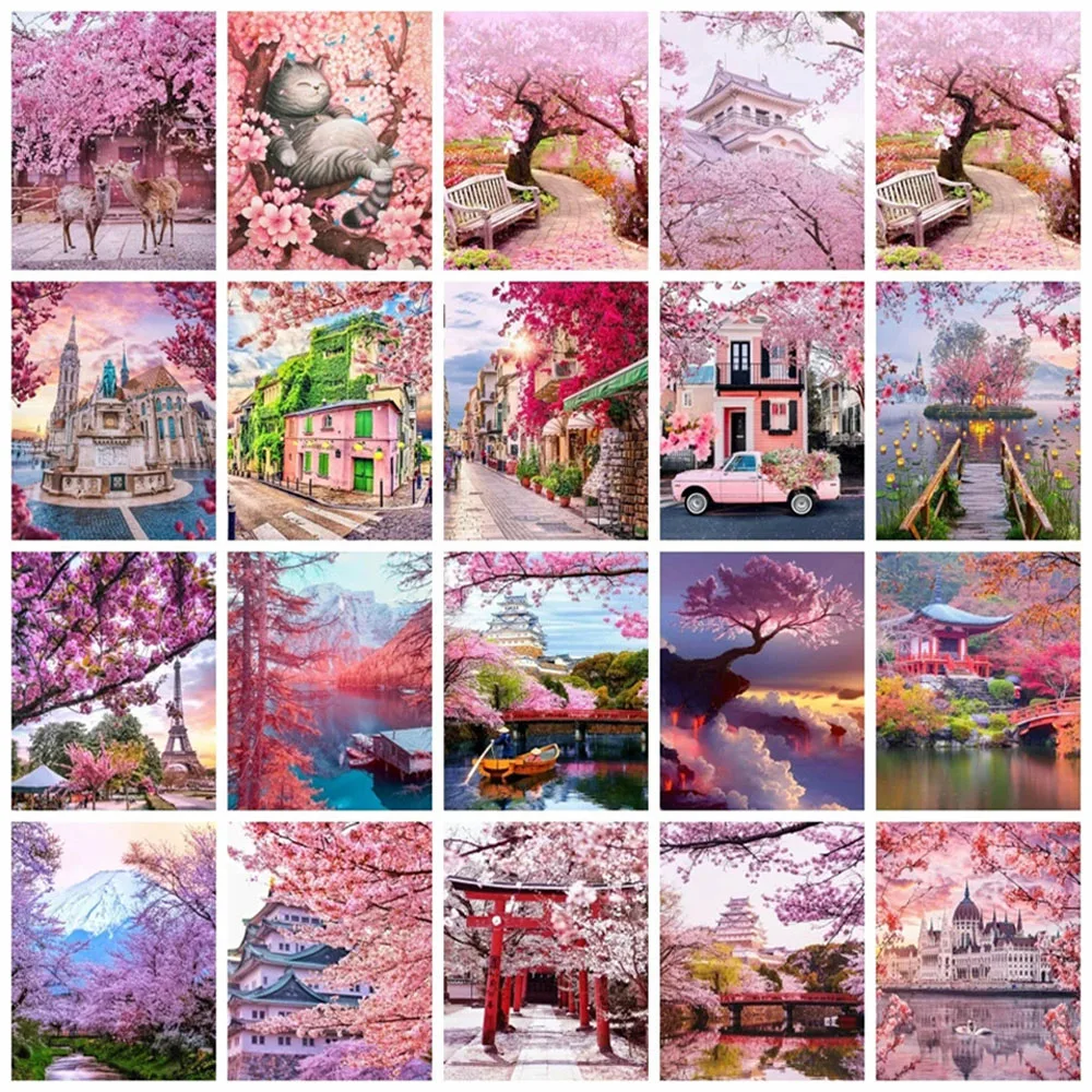 

JIEME Full Round Diamond Mosaic Cherry Blossoms Cross Embroidery Kit Landscape Needlework Paintings on The Wall