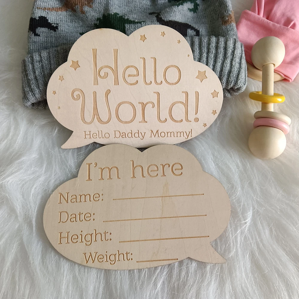 

Cloud Shape Hello World Wooden Baby Announcement Newborn Photography Props Birth Gift Baby Photo Wooden Sign Handwritten Notes
