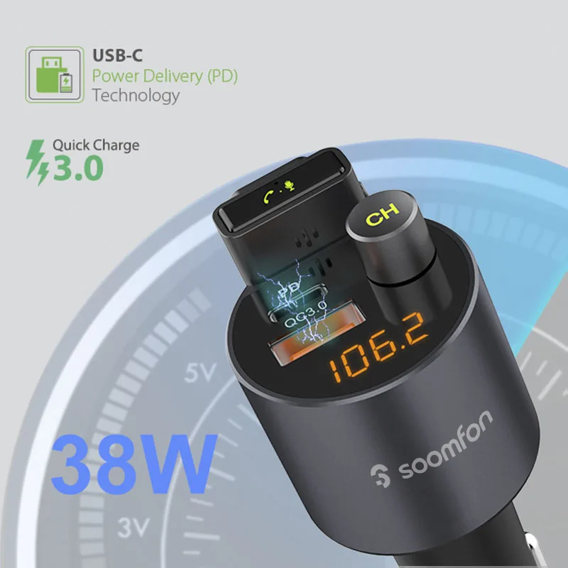 

FM-трансмиттер Bluetooth 5,1 с микрофоном, 38 Вт, QC3.0