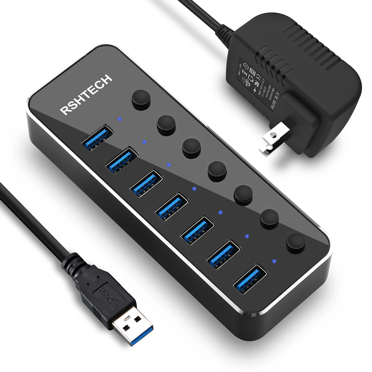 

Powered USB 3.0 Hub, 7-Port Aluminum USB Splitter with 5V Power Adapter PC Laptop, RSH-518