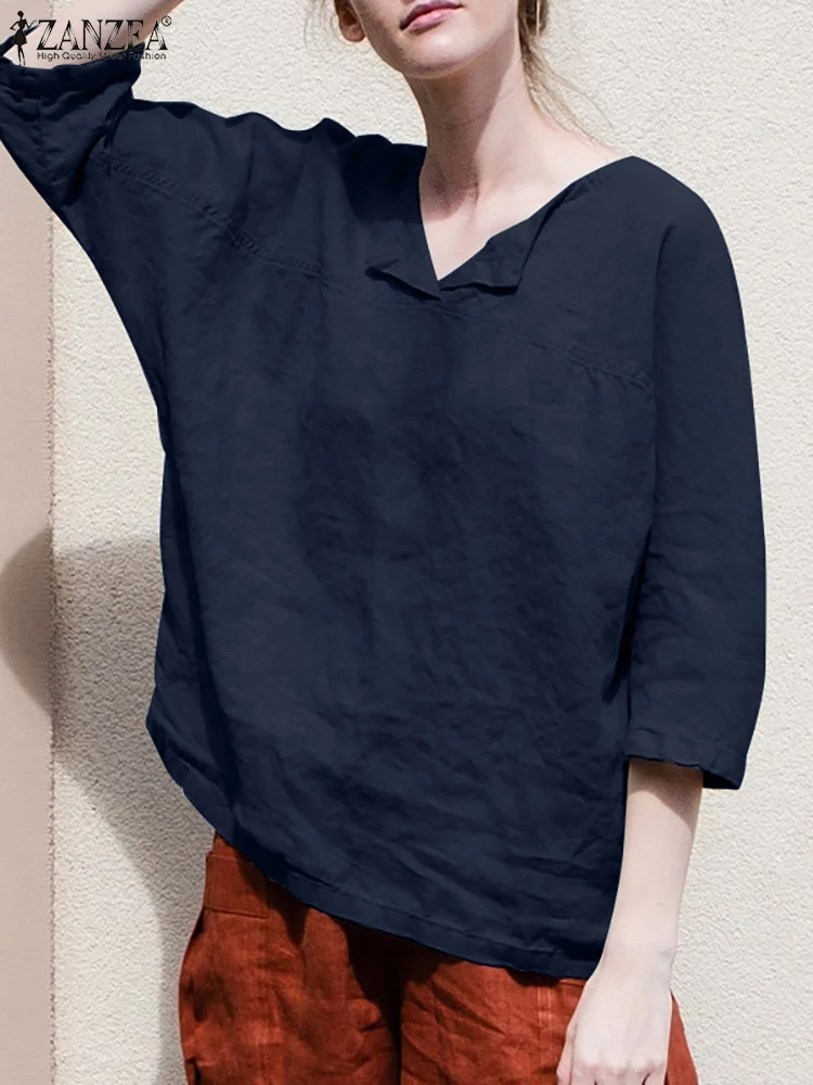 

Однотонные тонкие базовые Блузы ZANZEA с V-образным вырезом, женская рубашка с рукавом 3/4, женская модная повседневная офисная блузка, элегантные свободные топы 2023