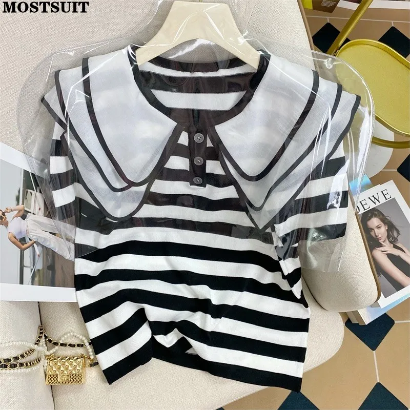 

2023 Summer Striped Knitted Tshirt Women Sweater Knitwear Short Sleeve Peter Pan Collar Tees Pullover Korean Fashion Casual Tops