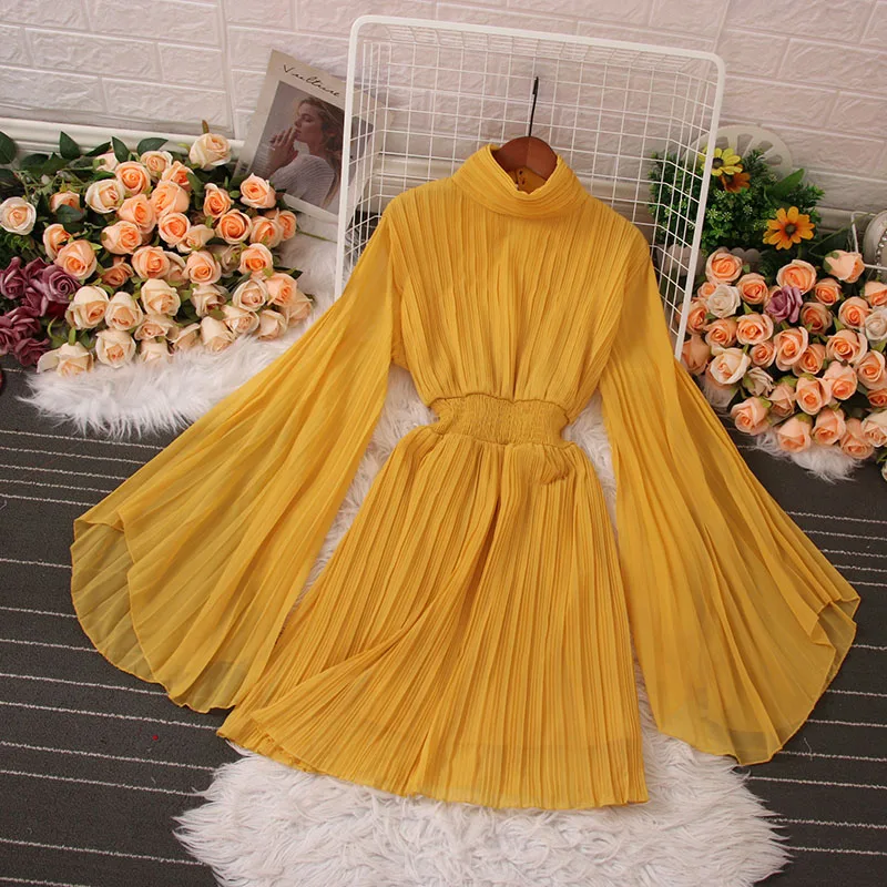 

Летнее плиссированное платье, женское дизайнерское модное однотонное женское пляжное платье Бохо с расклешенным рукавом, желтое платье 2023
