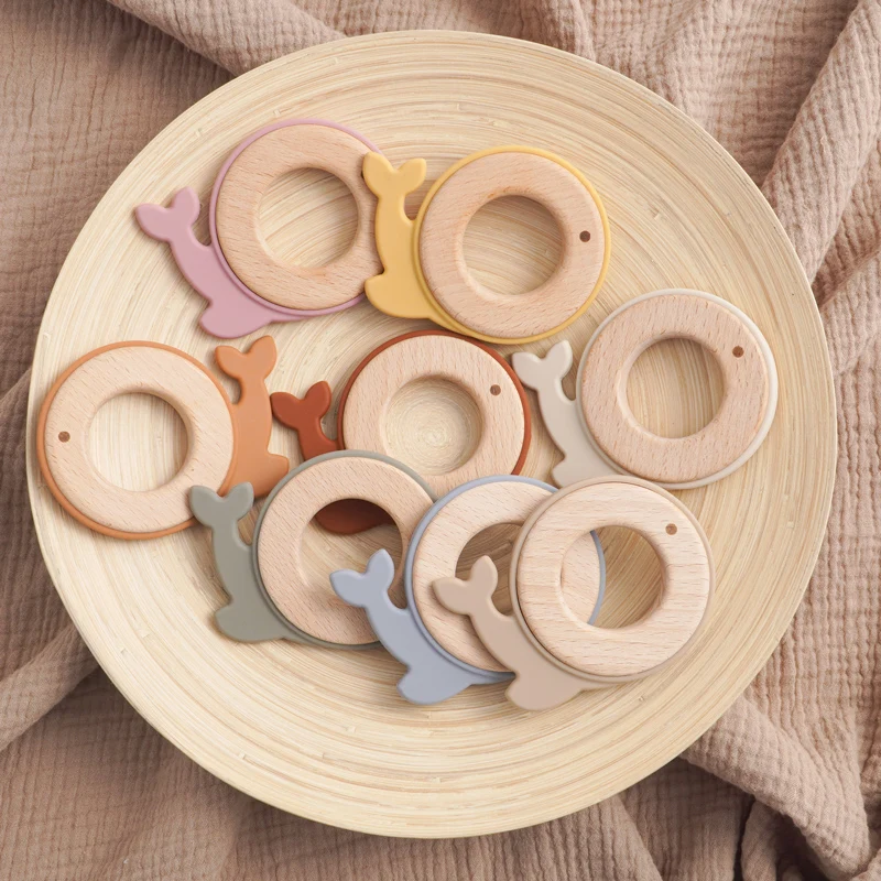 Baby Wood Clip Ring Silicone Teether Whale Mouse Puffer Fish Elephant Teeth Baby Molar Stick Safe and Harmless Bite