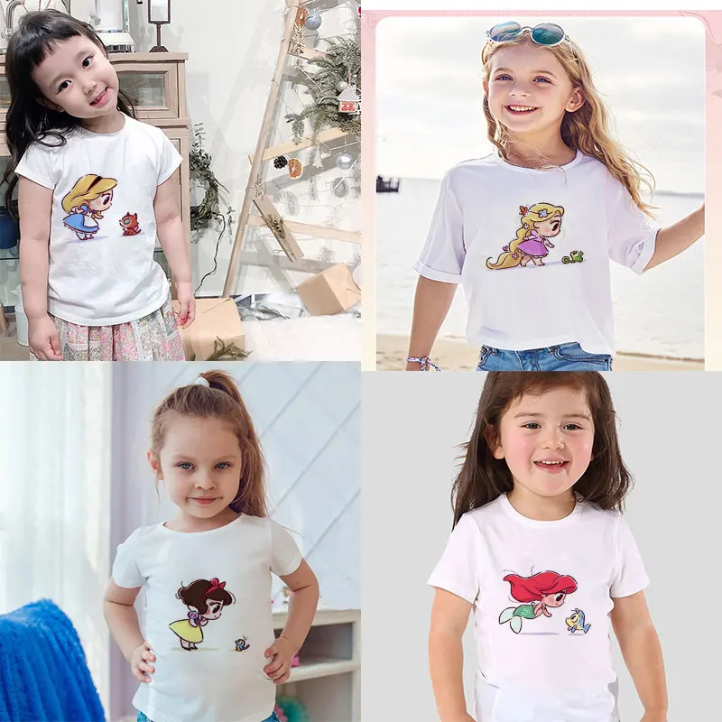 

Girls Tshirt Fashion Princess Little Girl Summer Clothes Printing Kids Tshirt Round Neck Short Sleeve Design Children White Top