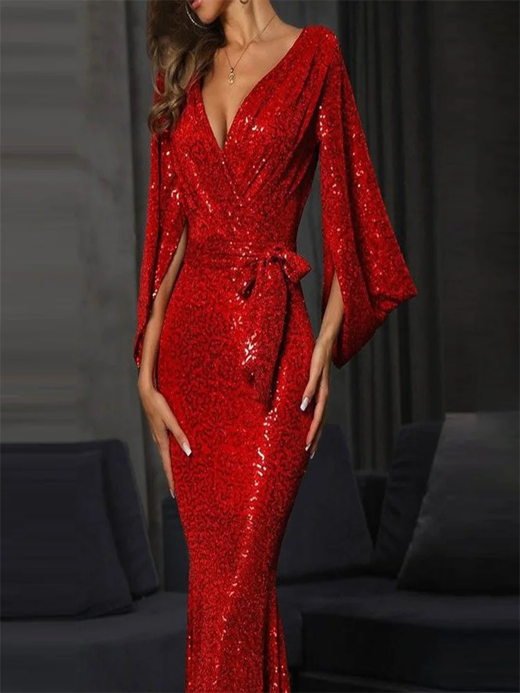 

Red Evening Party Dress Deep V Neck Flare Sleeve Long Maxi Dresses For Bridal Wedding Sexy Woman Prom Gowns Party Dresses