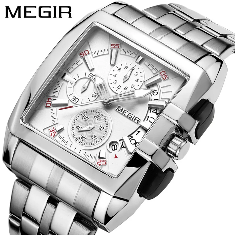 

MEGIR Square Stainless Steel Men Watch Waterproof Outdoor Sport Military Quartz Watches Luxury Stopwatch Calendar Male Clock New