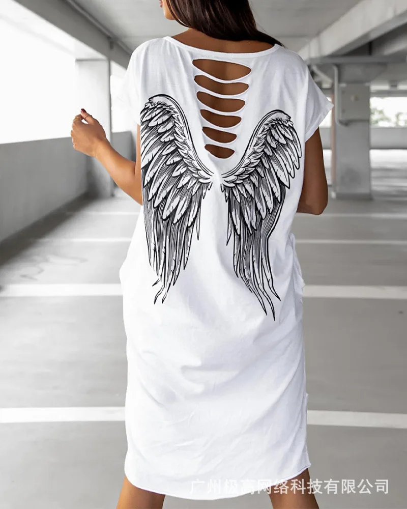 

Wings Print Cutout Casual Dress Women 2023 New Fashion Long Hollow Out Short Sleeve O Neck Dress