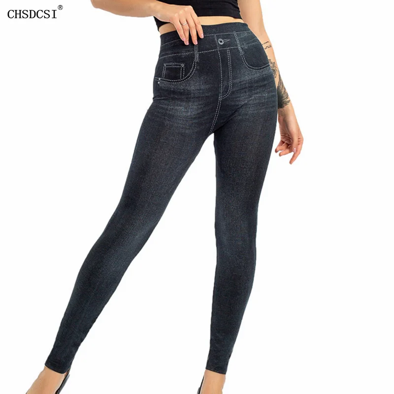 

CHSDCSI High Waist Pencil Pants Elastic Trousers Fashion Jeggings Push Up Fitness Slim Women Leggings Faux Denim Jeans Seamless