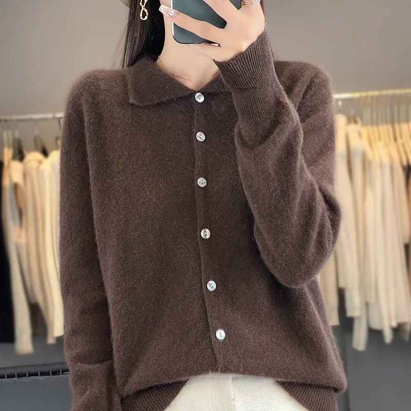 Осенне-зимний новый женский свитер кардиган с воротником поло из 100% мериносовой