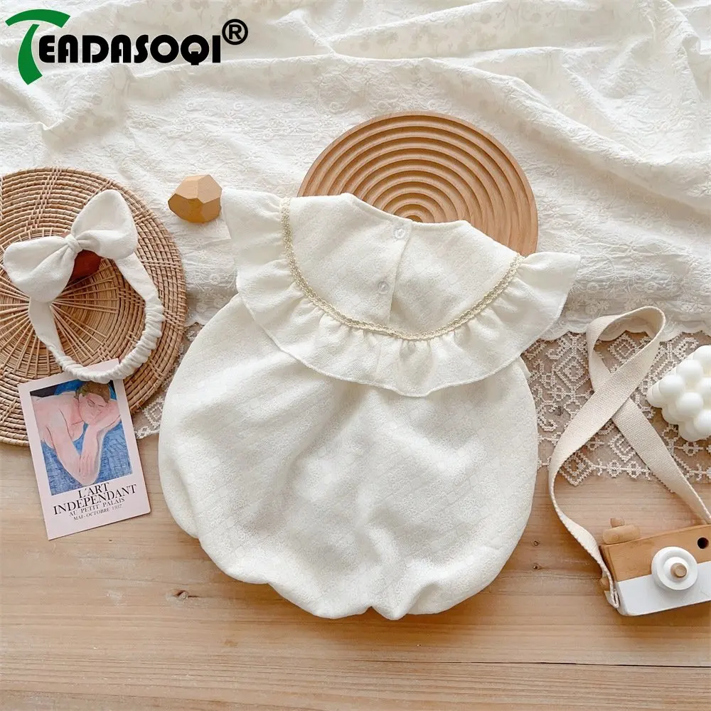 

Girls In 2023 Cute Short Sleeve Ruffled Bow One-Piece Jumpsuits with Headbands - Perfect Kids Baby Gift for Infant Newborn